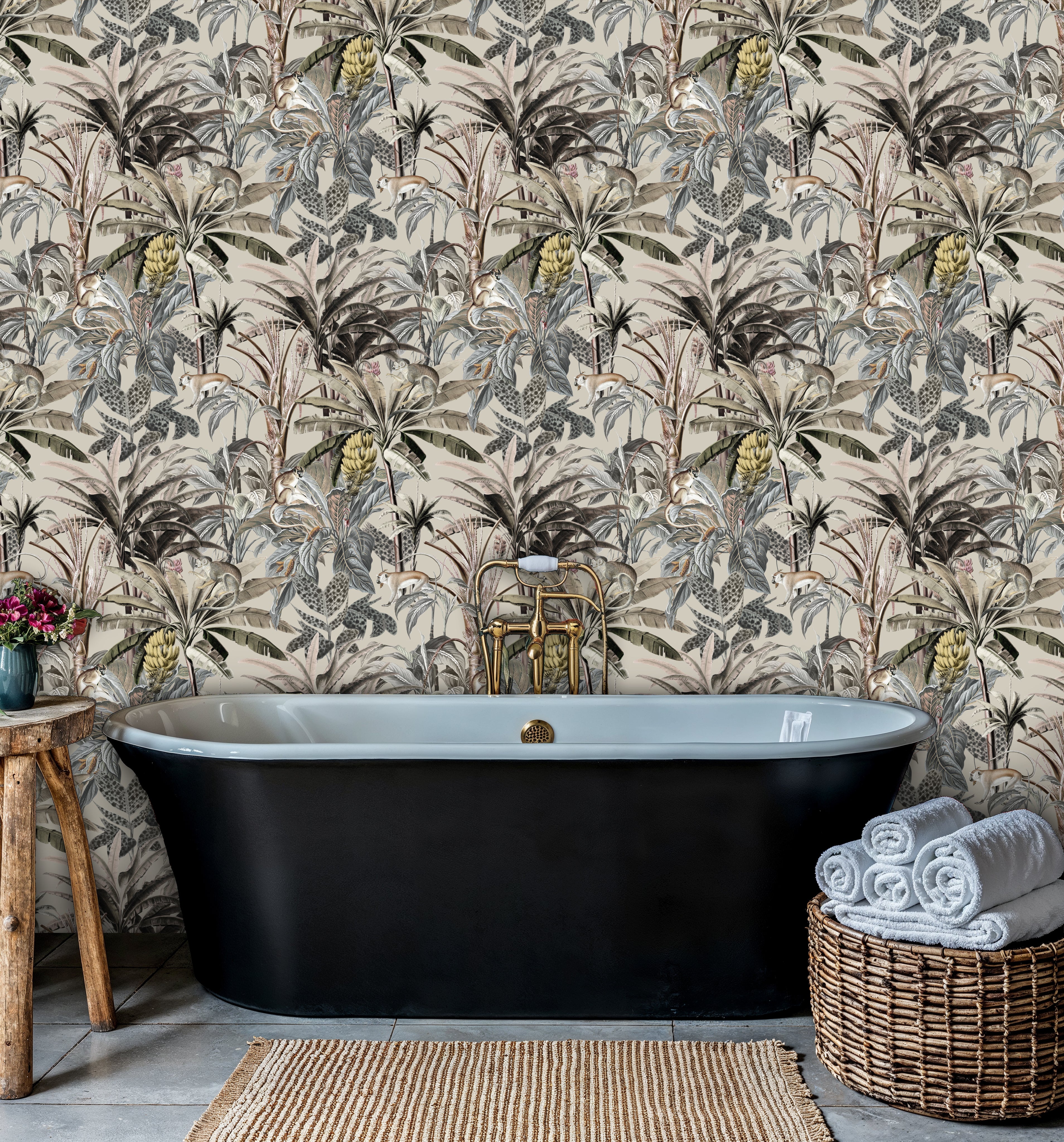 Muted Jungle Wallpaper, Safari Peel and Stick Mural with Monkeys and Banana Leaves