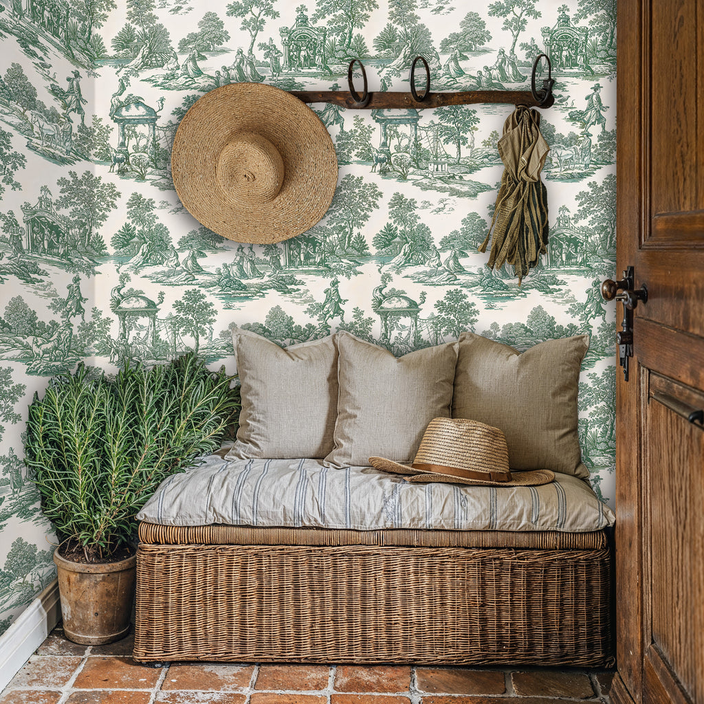 Green Toile de Jouy Wallpaper, Removable French Country Scene