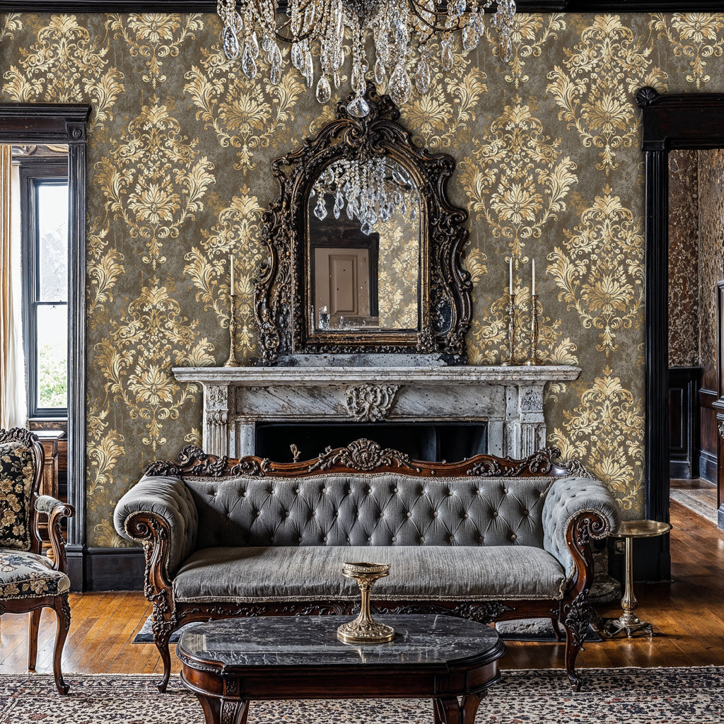 Luxury Gold Baroque Wallpaper Mural, Ornate Damask Peel and Stick, Vintage Regal Wall Art