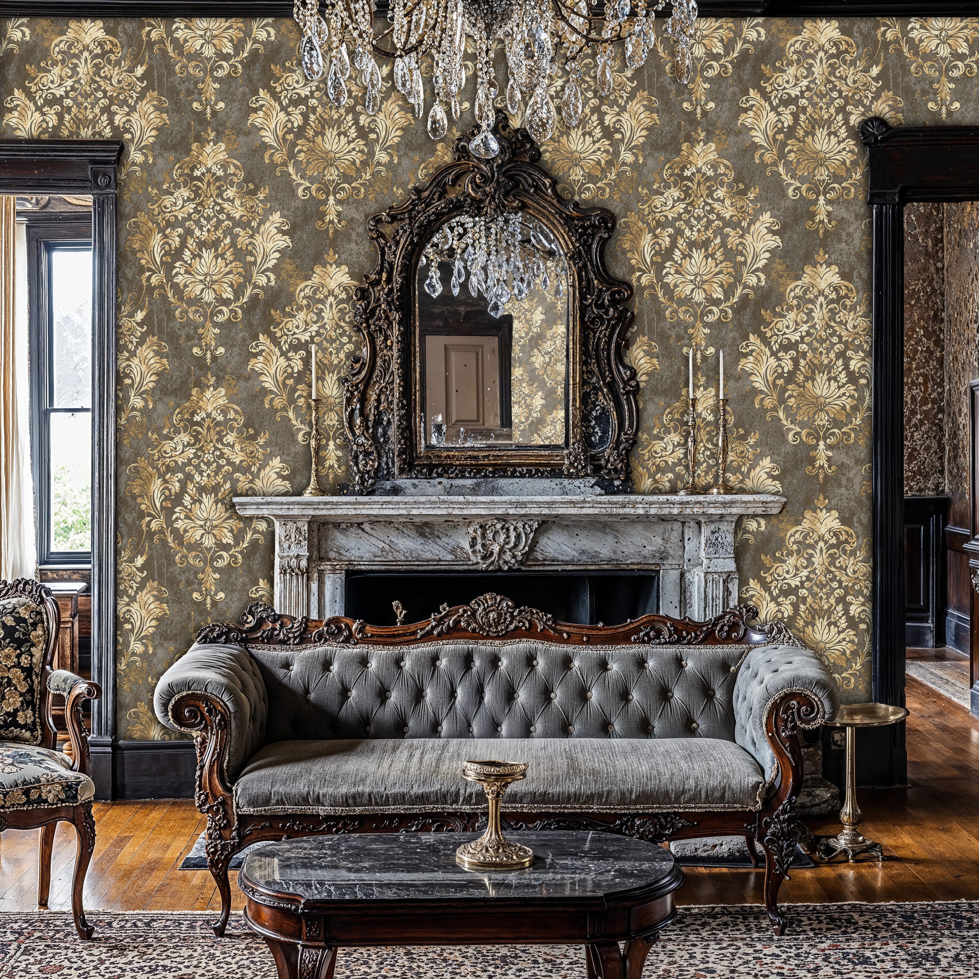 Luxury Gold Baroque Wallpaper Mural, Ornate Damask Peel and Stick, Vintage Regal Wall Art