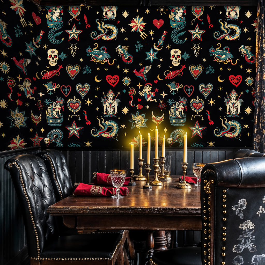 Vintage Tattoo Wallpaper, Gothic Peel and Stick Wall Mural