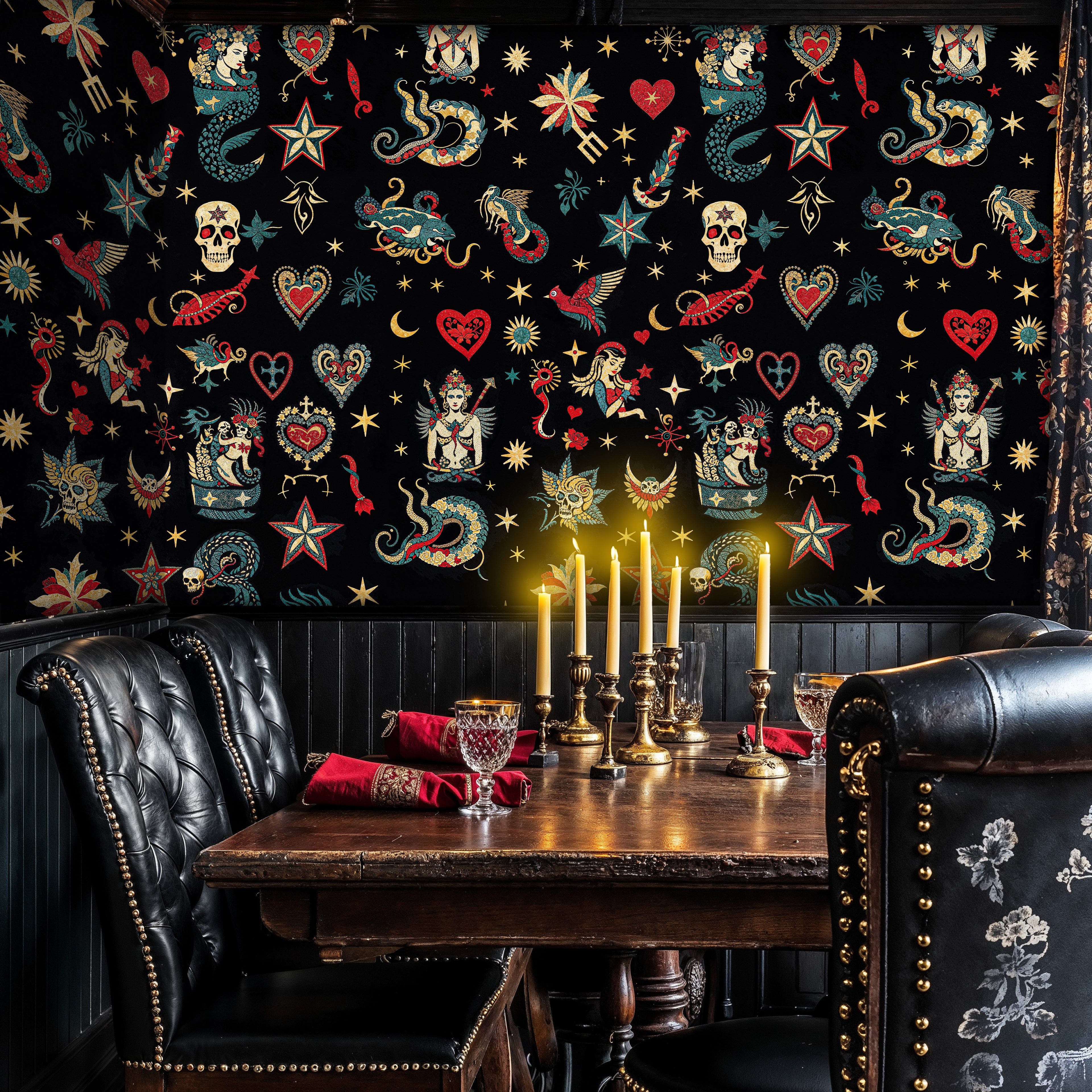 Vintage Tattoo Wallpaper, Gothic Peel and Stick Wall Mural