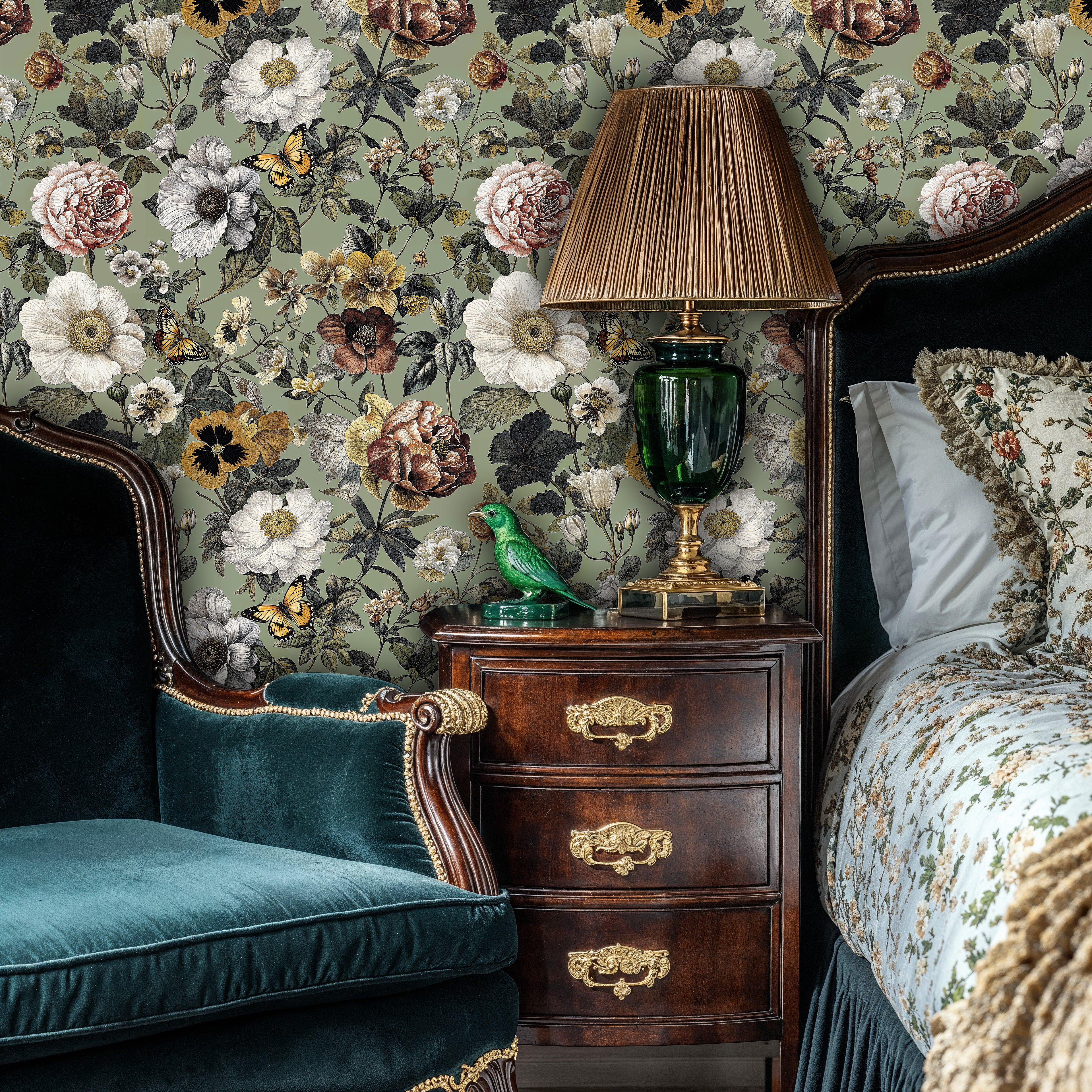 Victorian Style Floral Wallpaper, Pastel Green Peel and Stick Mural