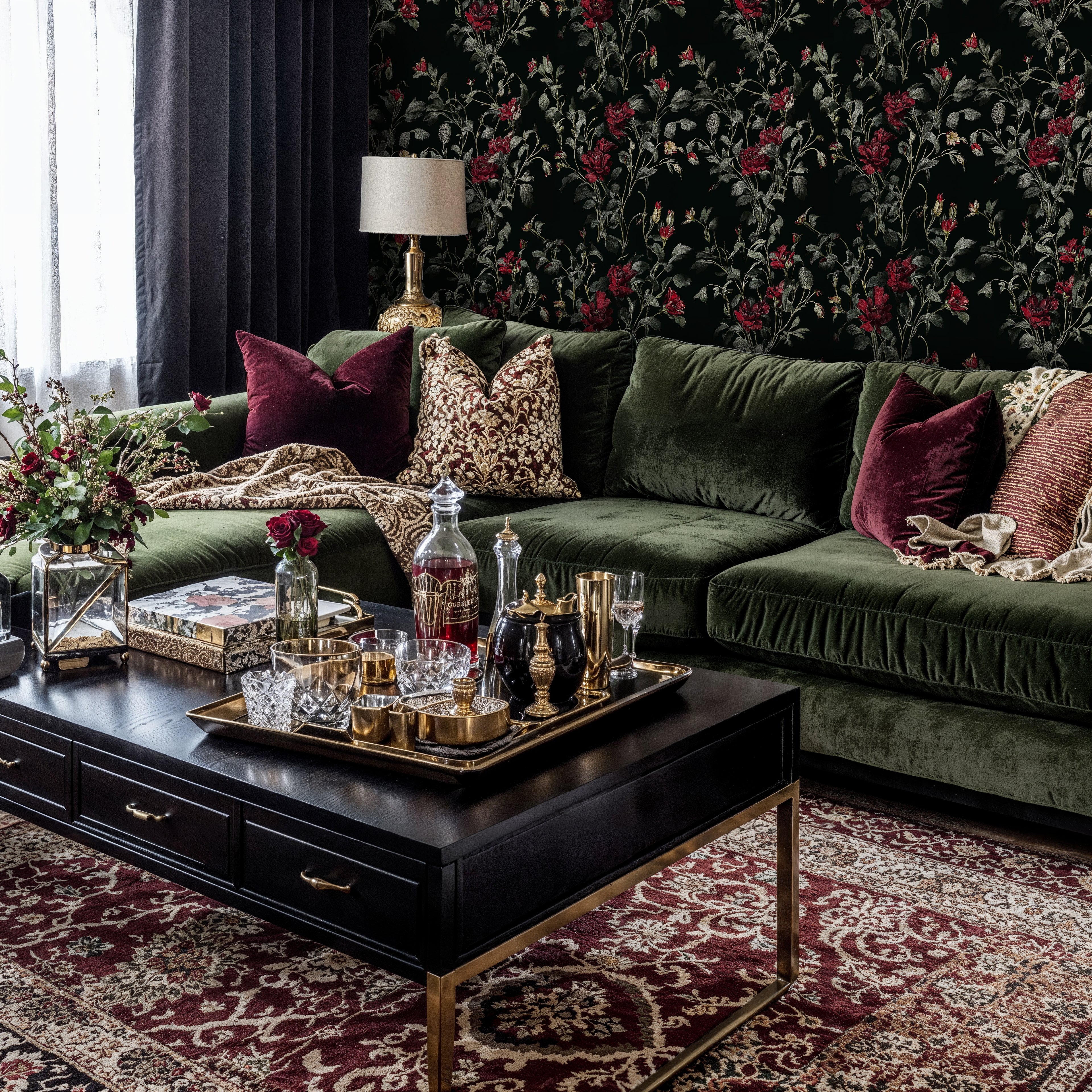 Dark Floral Peel and Stick Wallpaper, Gothic Rose Wall Mural, Moody Vintage Botanical Decor