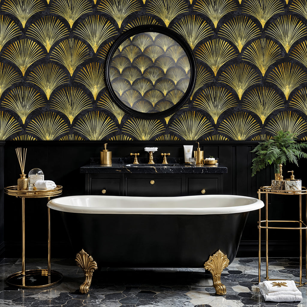 Art Deco Gold Wallpaper, Black and Gold Fan Peel and Stick Wall Mural