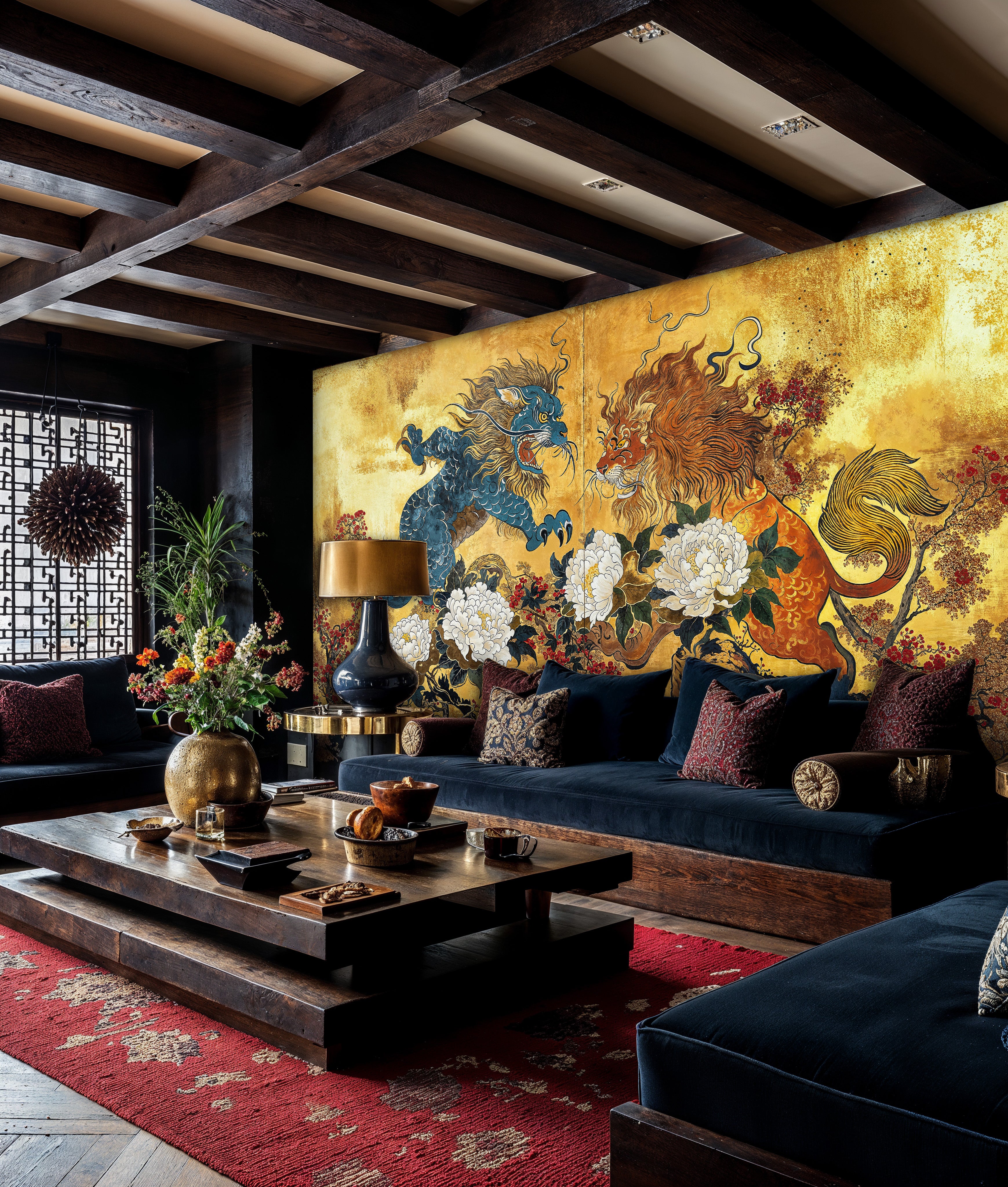 Golden Dragon and Lion Wall Mural, Mythical Oriental Peel and Stick