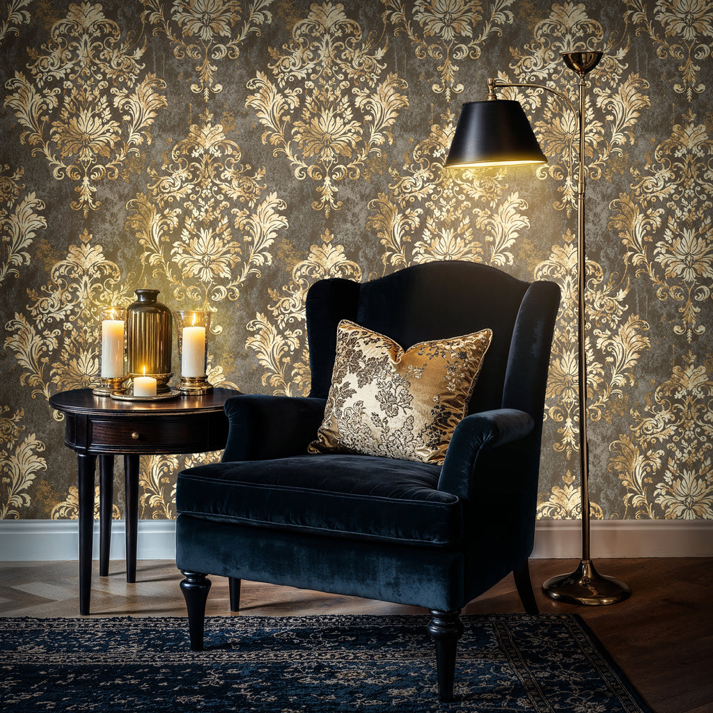 Luxury Gold Baroque Wallpaper Mural, Ornate Damask Peel and Stick, Vintage Regal Wall Art