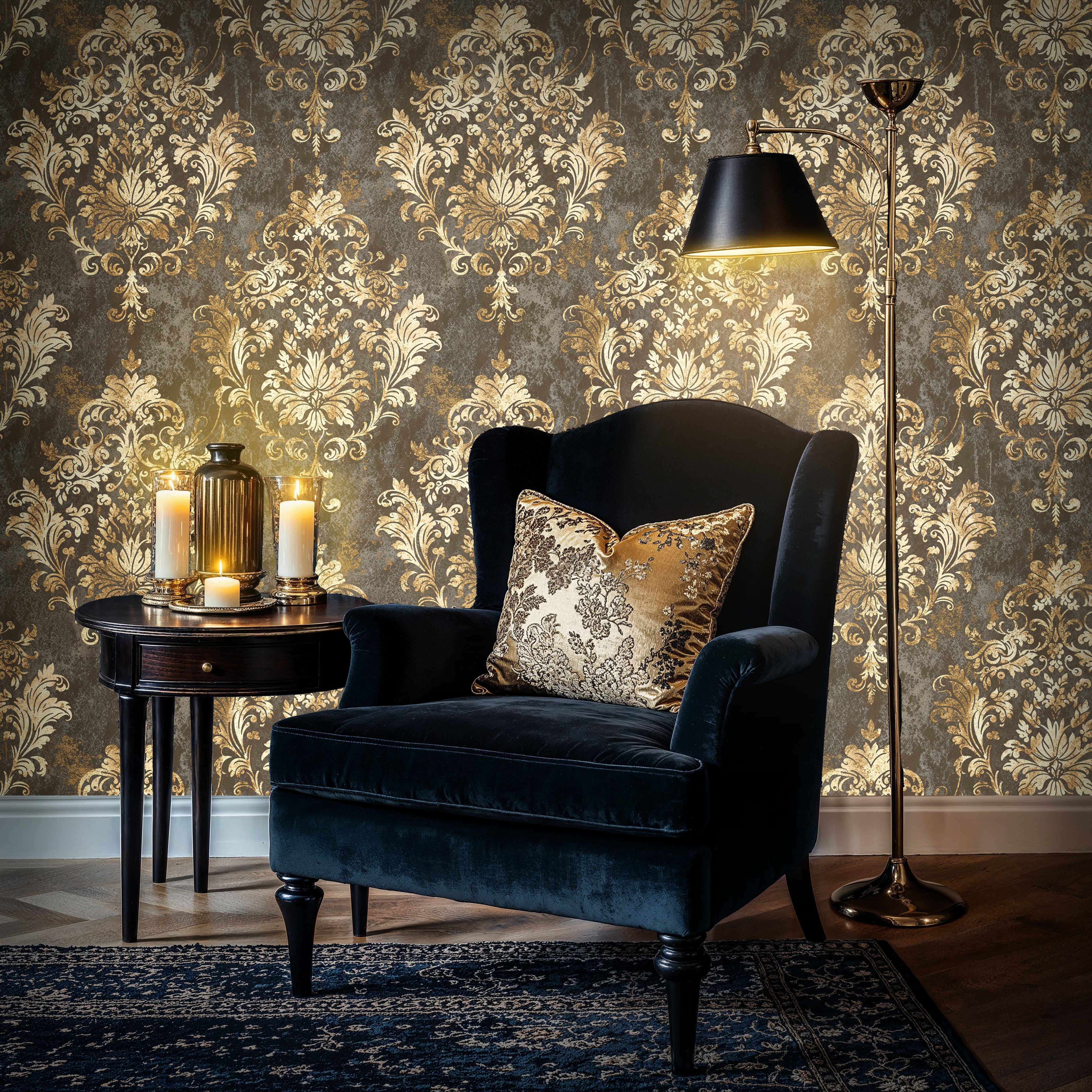 Luxury Gold Baroque Wallpaper Mural, Ornate Damask Peel and Stick, Vintage Regal Wall Art
