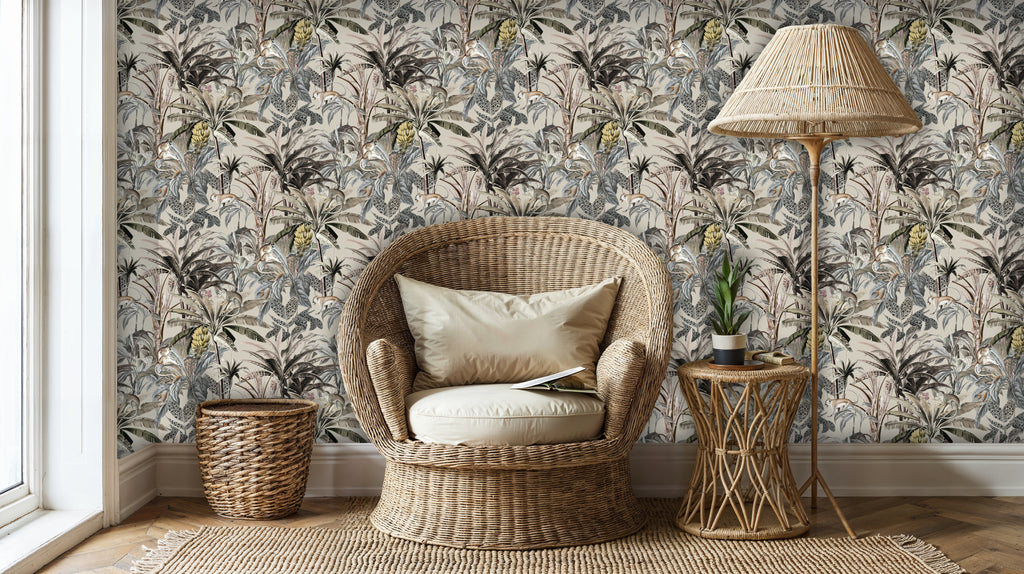 Muted Jungle Wallpaper, Safari Peel and Stick Mural with Monkeys and Banana Leaves